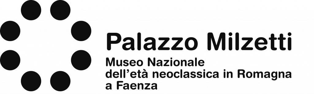 Logo del Museo in nero su sfondo bianco composto da Otto tondo disposti in modo circolare. Si legge: Palazzo Milzetti Museo Nazionale dell’età neoclassica in Romagna di Faenza